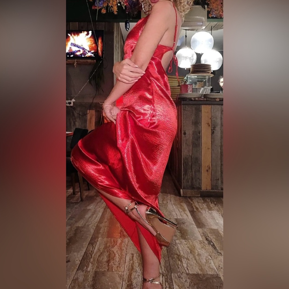 Bella Barnett Red Satin Slip Dress with Tie Detail